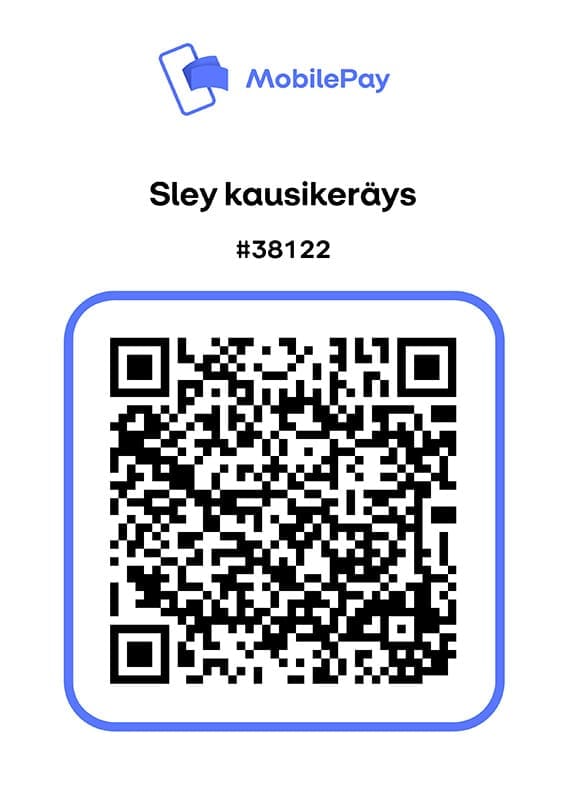 Kuvassa on Sleyn kausikeräyksen QR-koodi. Lahjoittaa voit MobilePaylla numeroon 38122. Kiitos lahjastasi!