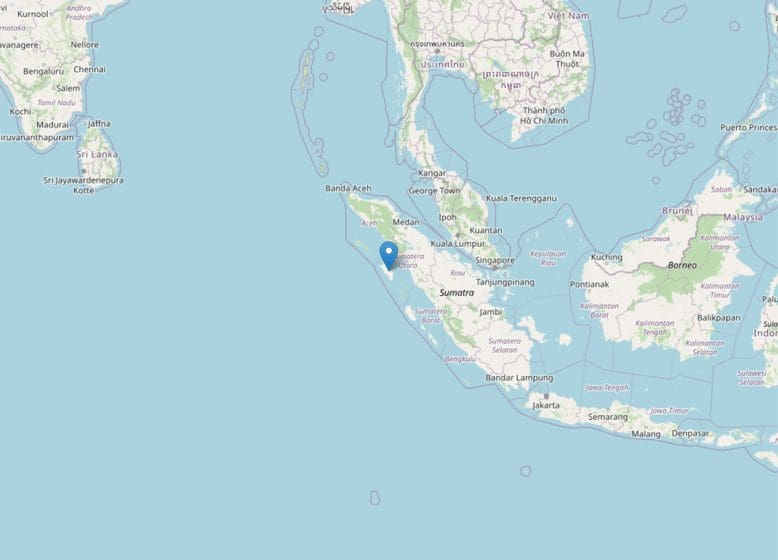 Niasin saari Sumatran länsipuolella, missä Sley avaa lähetystyötä. Kuva: OpenStreetMap.org