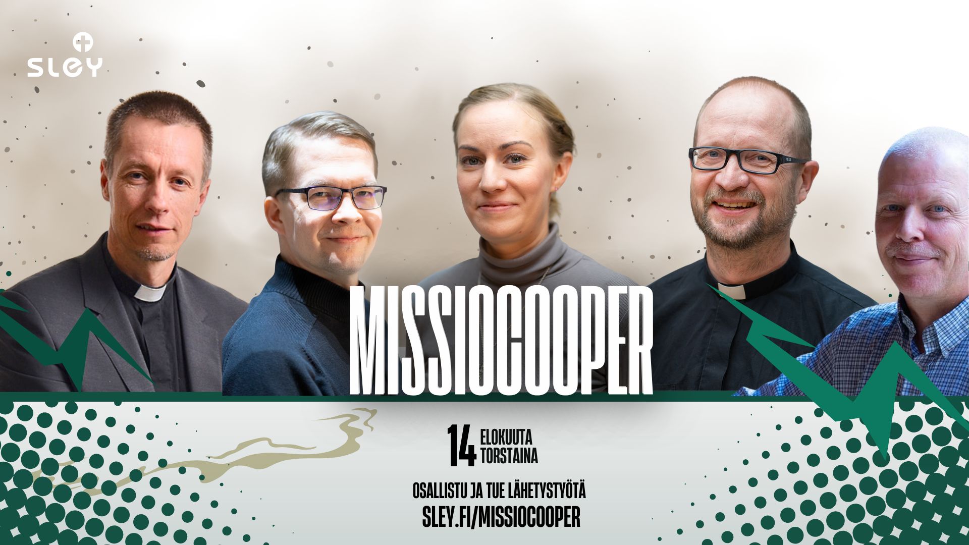 Kuvassa ovat Sleyn lähetysjohtaja Ville Auvinen, koordinaattorit Ari Lukkarinen, Anu Laine, Pekka Jauhiainen ja Pentti Marttila